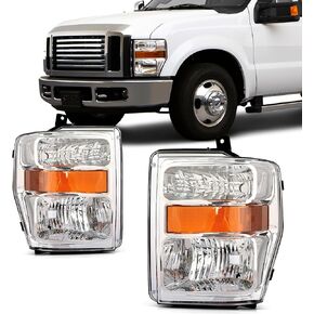 SCITOO Pair Headlight Assembly Fits for ford Super Duty for F-250/for F-350/for F-450/for F-550 2008 2009 2010 Chrome Housing Amber Reflector Clear Lens Headlights, 7C3Z-13008BA (Bulbs Not Included)