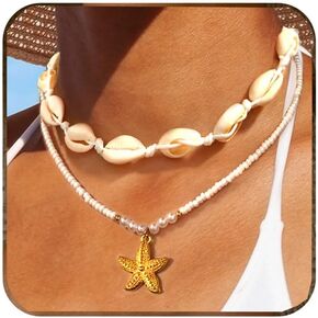 Shell Necklace Beach Jewelry for Women Seashell Starfish Necklace Adjustable Layered Sea Shell Charm Necklaces Summer Outfits for Women Beach Fashion Vacation Essentials Summer Accessories