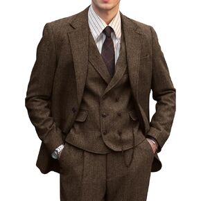 Mens Suit 3 Piece Tweed Herringbone Tuxedo Suit Wedding Suits for Mens Blazer Jacket Double Breasted Vest Pants Set
