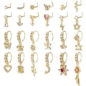 24pcs حل حلقات الأنف طوق للنساء الذهب L على شكل متدلي أنف مسمار 20G CZ الفولاذ الجراحي ورقة القلب القمر النجمة الفراشة أنوف الهندية الأطواق مع مجوهرات ثقب السحر