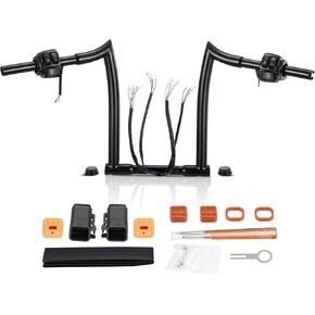 12" Pre-wired Ape Hanger for 1996-2006 Sportster Dyna Softail Road King 1 1/4" Handlebars 1" Clamp Diameter (Pre-installed CAN-Bus & Turn Signal Wires & Switch Control Kit), Black