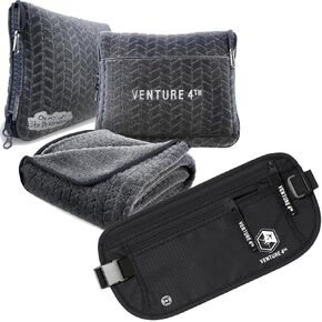 VENTURE 4TH Ultimate Travel Comfort Bundle: RFID Blocking Money Belt & Travel Blanket Pillow (Black Money Belt & Gray Blanket/Pillow)