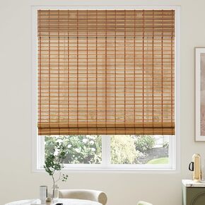 Bamboo Roman Shades with Valance Cover, Cordless Bamboo Blinds for Indoor Windows, Light Filtering Bamboo Woven Shades for Home & Patio, Privacy Protection, 22" W x 64" H, Carbonized