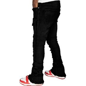 Men's Stacked Jeans Mid Rise Slim Fit Stretch Ripped Cargo Jeans Teen Boys Hip Hop Straight Leg Denim Pants Streetwear