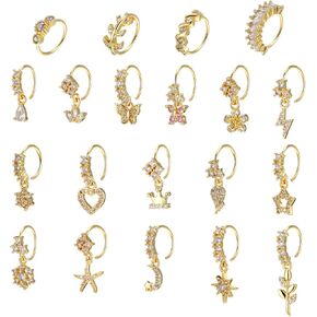 20Pcs Gold Dangle Nose Hoops 20G Dangling Nose Rings Cute Butterfly Heart Star Moon CZ Piercing Jewelry for Women