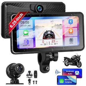 2024 ترقية دراجة نارية GPS اللاسلكية/Android Auto Auto Car Stereo ، 6.25 "Dual Camera IP68 IPS IPS Bracking Touchner مع Bluetooth ،/Siri/Goog-LE للدراجة النارية+AHD CAMUS