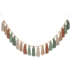 Sage Green Brown Boho Yarn Wood Bead Tassel Garland Wall Hanging Decor Neutral Earth Tone Woodland Banner Tassels for Nursery Classroom Birthday Party Kids Bedroom Baby Shower Decorations