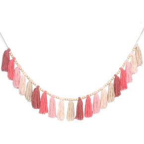 Pink Yarn Tassel Garland Boho Preppy Wall Hanging Decor Bunting Banner Tassels with Wood Bead for Nursery Classroom Office Birthday Party Baby Shower Kids Girls Dorm Bedroom Decorations