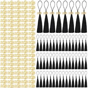 شرابات التخرج المصغرة ، 100pcs التخرج الأكاديمي قبعة Hat Tassel مع 2025 سحر ذهبي للحرف مرجعية حريرية صغيرة لحافلة مفاتيح Cap -Cap -keychain DIY (أسود)