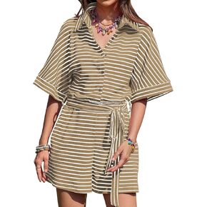 Yousify Womens Summer Rompers مخطط مخطط زر قصير الأكمام أسفل بذلة قصيرة مرنة الخصر مرنة