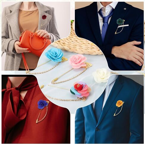 MECCANIXITY Flower Lapel Stick Brooch Pin with Gold Leaf Brooch Satin Tassel Chain Dangling Handmade Boutonnieres Pins for Suit Collar Wedding Party, Lake Green in Saudi Arabia
