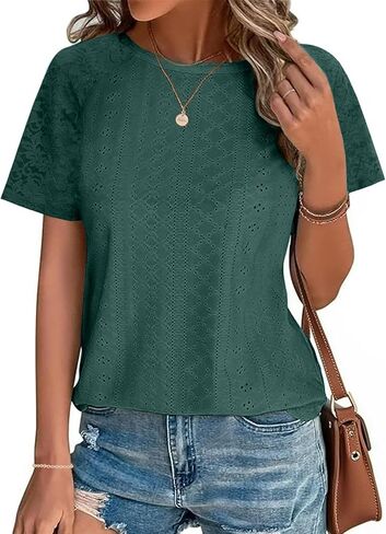JUSTFASHIONNOW Womens Summer Tops Trendy 2025 Cute Eyelet Embroidery Blouses Short Sleeve Tshirts Beach Vacation Fashion in Saudi Arabia