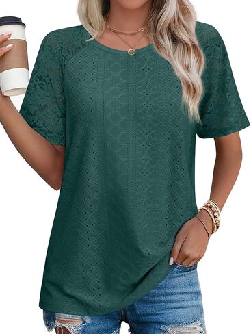 JUSTFASHIONNOW Womens Summer Tops Trendy 2025 Cute Eyelet Embroidery Blouses Short Sleeve Tshirts Beach Vacation Fashion in Saudi Arabia