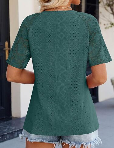 JUSTFASHIONNOW Womens Summer Tops Trendy 2025 Cute Eyelet Embroidery Blouses Short Sleeve Tshirts Beach Vacation Fashion in Saudi Arabia