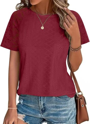 JUSTFASHIONNOW Womens Summer Tops Trendy 2025 Cute Eyelet Embroidery Blouses Short Sleeve Tshirts Beach Vacation Fashion in Saudi Arabia