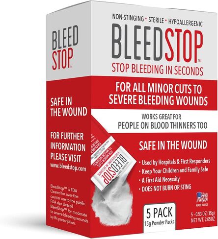 BleedStop™ First Aid Powder for Blood Clotting, Trauma Kit, Blood Thinner Patients, Camping Safety, and Survival Equipment for Moderate to Severe Bleeding Wounds or Nosebleeds 5 Pack 15g in Saudi Arabia