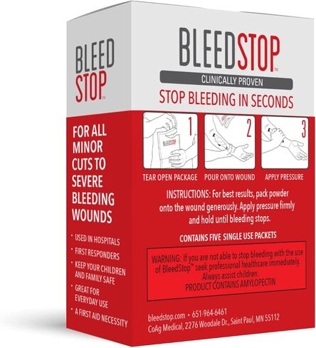 BleedStop™ First Aid Powder for Blood Clotting, Trauma Kit, Blood Thinner Patients, Camping Safety, and Survival Equipment for Moderate to Severe Bleeding Wounds or Nosebleeds 5 Pack 15g in Saudi Arabia