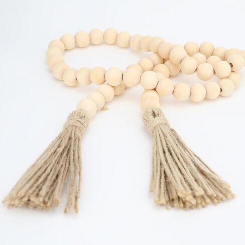 58 inches Natural Wood Bead Garland with Tassels Farmhouse Rustic Country Beads for Christmas Tree Home Decoration Room Decor Wall Hanging Curtain Rod Accents and Shelf (58in / 5ft) in Kuwait