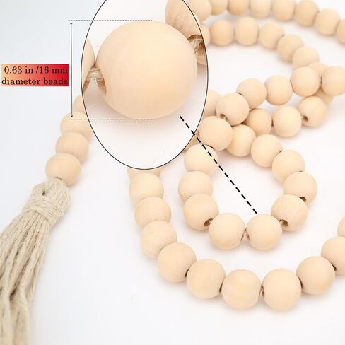 58 inches Natural Wood Bead Garland with Tassels Farmhouse Rustic Country Beads for Christmas Tree Home Decoration Room Decor Wall Hanging Curtain Rod Accents and Shelf (58in / 5ft) in Kuwait