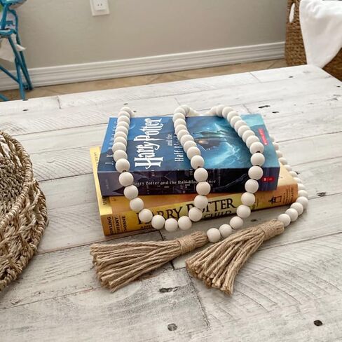 58 inches Natural Wood Bead Garland with Tassels Farmhouse Rustic Country Beads for Christmas Tree Home Decoration Room Decor Wall Hanging Curtain Rod Accents and Shelf (58in / 5ft) in Kuwait