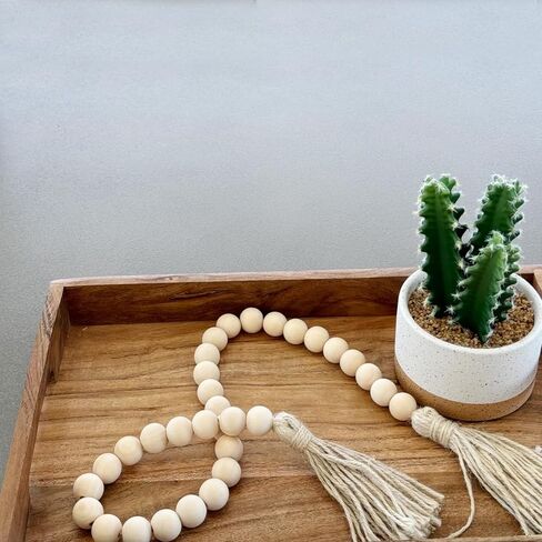 58 inches Natural Wood Bead Garland with Tassels Farmhouse Rustic Country Beads for Christmas Tree Home Decoration Room Decor Wall Hanging Curtain Rod Accents and Shelf (58in / 5ft) in Kuwait