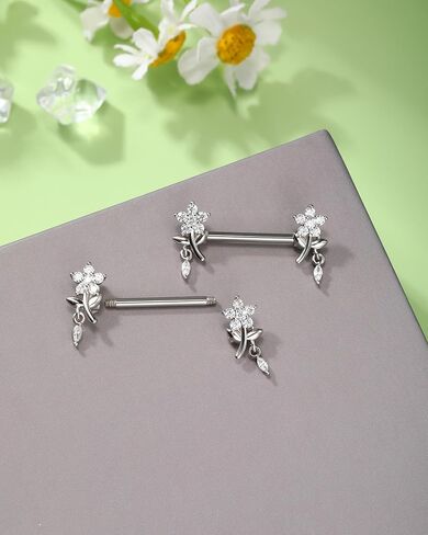 Jewseen 316L Surgical Steel Nipple Rings 14g Nipple Barbell Flower Nipple Piercing Jewelry Dangle Nipple Bar for Women in Saudi Arabia