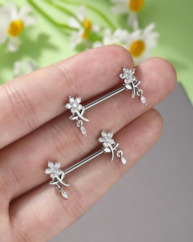 Jewseen 316L Surgical Steel Nipple Rings 14g Nipple Barbell Flower Nipple Piercing Jewelry Dangle Nipple Bar for Women in Saudi Arabia