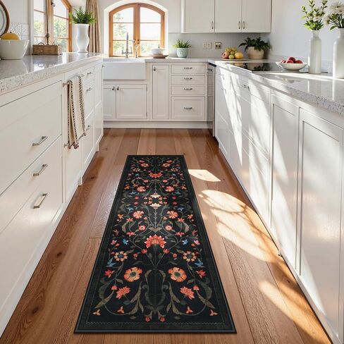 LIVEBOX Washable Runner Rug - Boho Floral 2x6 Kitchen Runner Rug, Non-Slip Carpet Runners for Hallway 6ft, Soft Low-Pile Runner Rugs for Entryway Hallways Laundry Room Bedroom Farmhouse (2x6ft, Black) in Kuwait