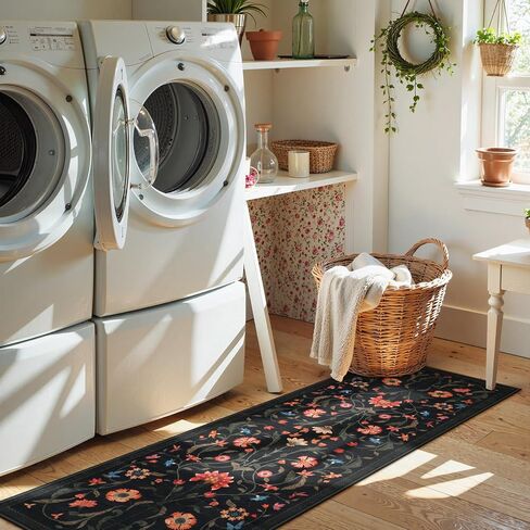 LIVEBOX Washable Runner Rug - Boho Floral 2x6 Kitchen Runner Rug, Non-Slip Carpet Runners for Hallway 6ft, Soft Low-Pile Runner Rugs for Entryway Hallways Laundry Room Bedroom Farmhouse (2x6ft, Black) in Kuwait