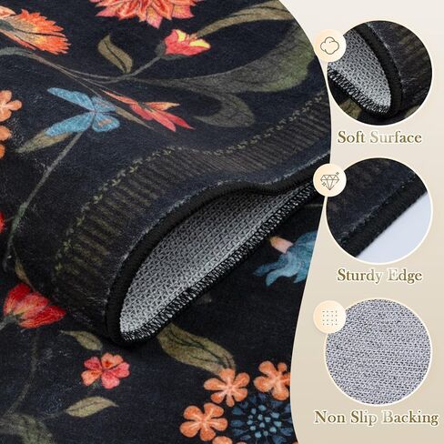 LIVEBOX Washable Runner Rug - Boho Floral 2x6 Kitchen Runner Rug, Non-Slip Carpet Runners for Hallway 6ft, Soft Low-Pile Runner Rugs for Entryway Hallways Laundry Room Bedroom Farmhouse (2x6ft, Black) in Kuwait