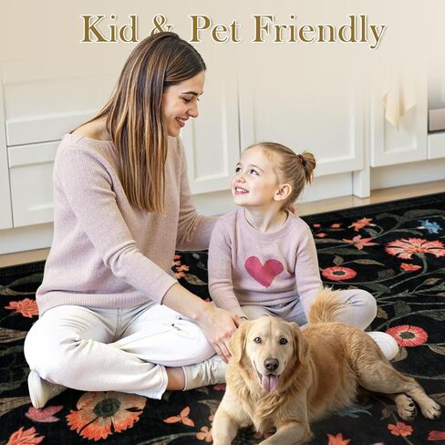 LIVEBOX Washable Runner Rug - Boho Floral 2x6 Kitchen Runner Rug, Non-Slip Carpet Runners for Hallway 6ft, Soft Low-Pile Runner Rugs for Entryway Hallways Laundry Room Bedroom Farmhouse (2x6ft, Black) in Kuwait