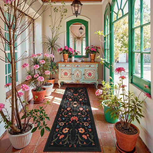 LIVEBOX Washable Runner Rug - Boho Floral 2x6 Kitchen Runner Rug, Non-Slip Carpet Runners for Hallway 6ft, Soft Low-Pile Runner Rugs for Entryway Hallways Laundry Room Bedroom Farmhouse (2x6ft, Black) in Kuwait