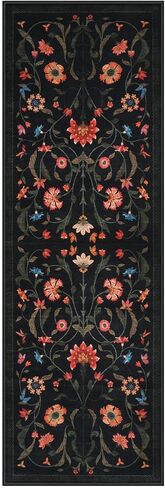 LIVEBOX Washable Runner Rug - Boho Floral 2x6 Kitchen Runner Rug, Non-Slip Carpet Runners for Hallway 6ft, Soft Low-Pile Runner Rugs for Entryway Hallways Laundry Room Bedroom Farmhouse (2x6ft, Black) in Kuwait