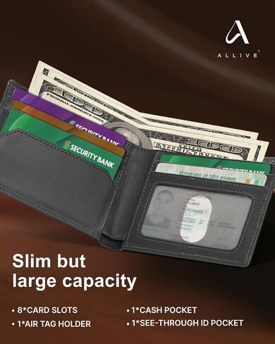ALLIVE Airtag wallet for men - Genuine Leather Mens Wallet RFID Blocking Slim Billfold with Built-in AirTag Holder, 8 Card Slots, Minimalist Front Pocket Wallet with Gift Box (Classic Black) in Saudi Arabia