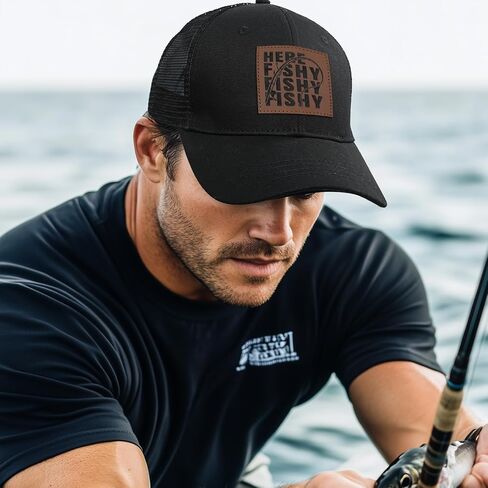 Here Fishy Fishy Hat Fishing Gifts for Men Women Gift for Fisherman Black Baseball Cap in Kuwait