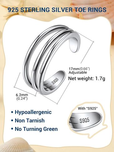 PROSILVER Adjustable Toe Rings for Women, Summer Beach Foot Jewelry, 925 Sterling Silver Open Toe Rings, Dainty Pinky Ring, Thumb Ring, Come with Box in Saudi Arabia