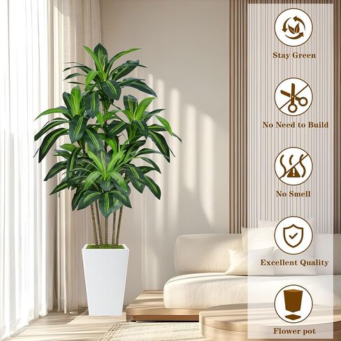 6FT Artificial Dracaena Tree, Fake Tree Indoor with White Tall Planter,Tall Artificial Plants Indoor,Artificial Silk Tree for Home Office Decor,Housewarming Gift (White) in Saudi Arabia