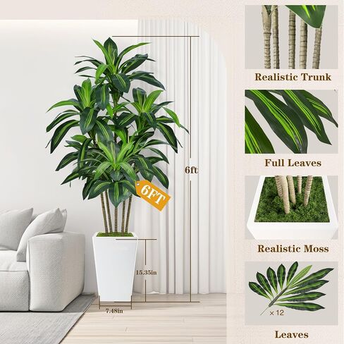 6FT Artificial Dracaena Tree, Fake Tree Indoor with White Tall Planter,Tall Artificial Plants Indoor,Artificial Silk Tree for Home Office Decor,Housewarming Gift (White) in Saudi Arabia