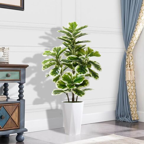 Artificial Fiddle Leaf Fig Plant Indoor 5FT Faux Rubber Tree with White Diamond Planter Tall Fake Floor Plant in Pot Artificial Trees for Home Office Living Room Decor Indoor in Saudi Arabia