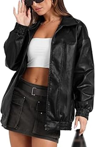 xxxiticat Women's PU Leather Jacket Long Sleeve Turn Down Collar Zipper Faux Leather Windbreaker Bomber Coat Outerwear in Saudi Arabia