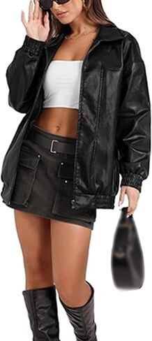 xxxiticat Women's PU Leather Jacket Long Sleeve Turn Down Collar Zipper Faux Leather Windbreaker Bomber Coat Outerwear in Saudi Arabia