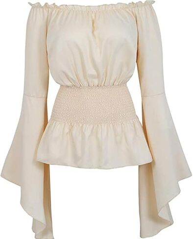 Womens Renaissance Long Sleeve Blouse Victorian Pirate Shirt Boho Tops Ruffle Smocked Waist Cosplay Costumes in Saudi Arabia