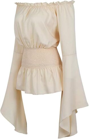 Womens Renaissance Long Sleeve Blouse Victorian Pirate Shirt Boho Tops Ruffle Smocked Waist Cosplay Costumes in Saudi Arabia
