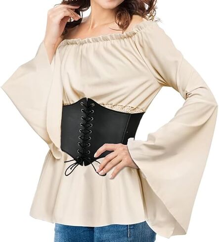 Womens Renaissance Long Sleeve Blouse Victorian Pirate Shirt Boho Tops Ruffle Smocked Waist Cosplay Costumes in Saudi Arabia