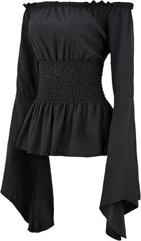 Womens Renaissance Long Sleeve Blouse Victorian Pirate Shirt Boho Tops Ruffle Smocked Waist Cosplay Costumes in Kuwait