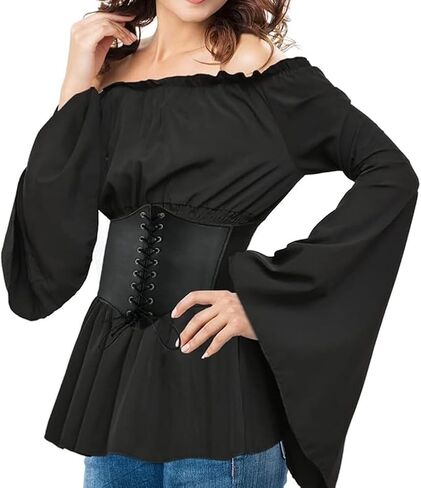 Womens Renaissance Long Sleeve Blouse Victorian Pirate Shirt Boho Tops Ruffle Smocked Waist Cosplay Costumes in Kuwait