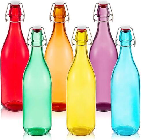 6 أجزاء زجاجات زجاجية ملونة 1 لتر/ 33.75 أوقية زجاجة نبيذ زخرفية زجاجة ماء زجاجي أعلى مع غطاء محكمة in Kuwait