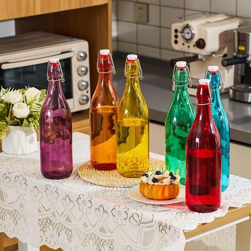 6 أجزاء زجاجات زجاجية ملونة 1 لتر/ 33.75 أوقية زجاجة نبيذ زخرفية زجاجة ماء زجاجي أعلى مع غطاء محكمة in Kuwait