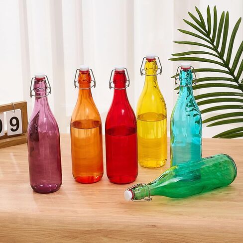 6 أجزاء زجاجات زجاجية ملونة 1 لتر/ 33.75 أوقية زجاجة نبيذ زخرفية زجاجة ماء زجاجي أعلى مع غطاء محكمة in Kuwait