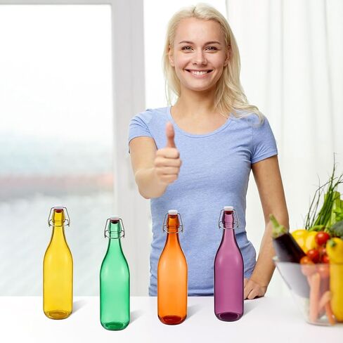 6 أجزاء زجاجات زجاجية ملونة 1 لتر/ 33.75 أوقية زجاجة نبيذ زخرفية زجاجة ماء زجاجي أعلى مع غطاء محكمة in Kuwait